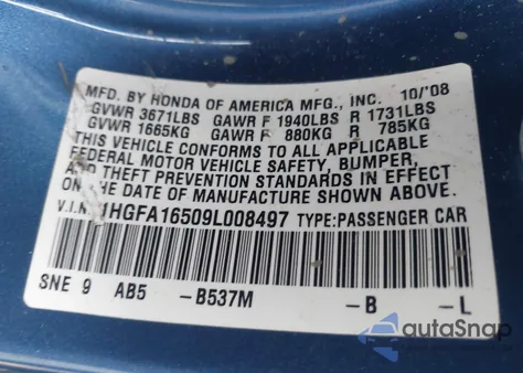 2009 Honda Civic Lx from USA, damaged, VIN 1HGFA16509L008497